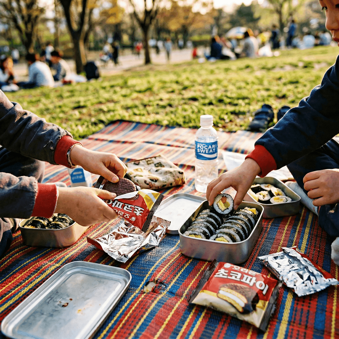소풍 도시락 옆에 놓인 초코파이