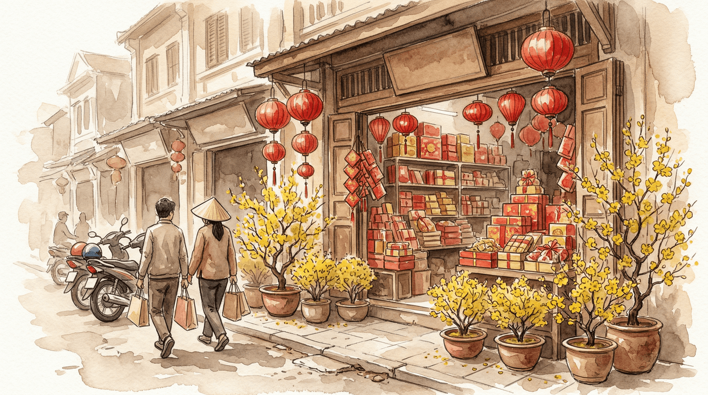 베트남 뗏 설날 선물 가게의 초코파이