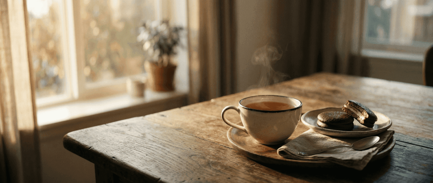 따뜻한 차와 초코파이가 놓인 테이블