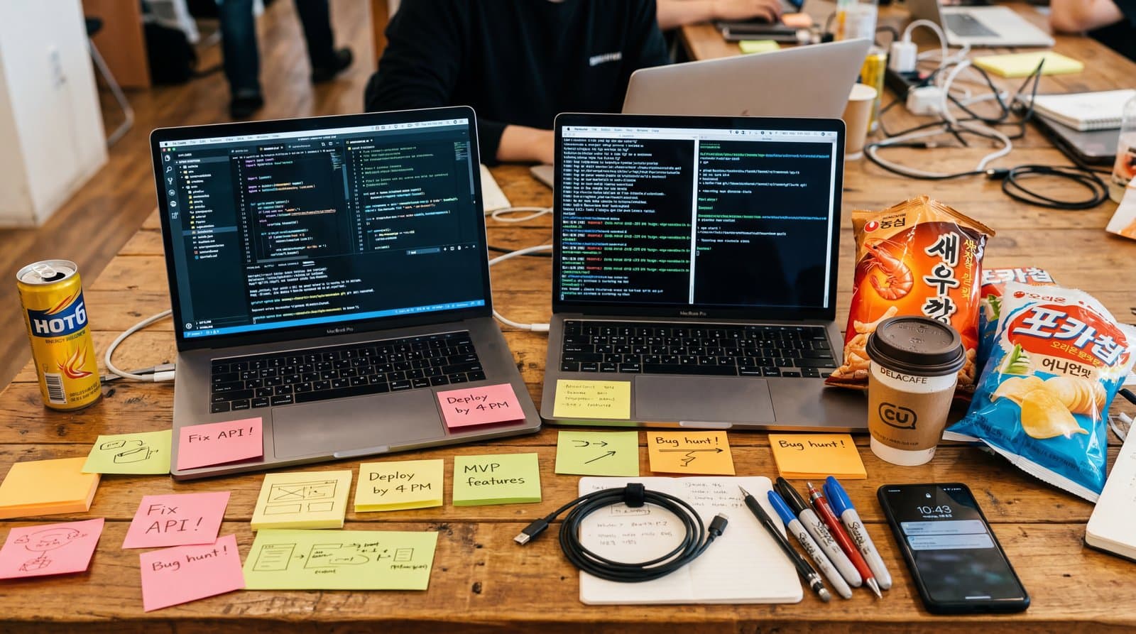 해커톤 현장 — 노트북과 간식이 함께 놓인 작업 테이블
