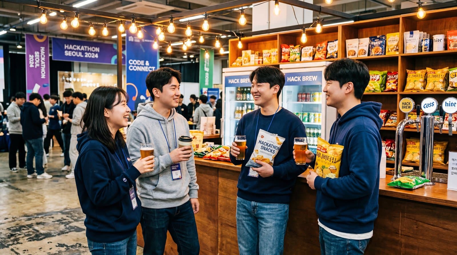 새벽 해커톤 현장 — 에너지 드링크와 노트북이 빼곡한 테이블