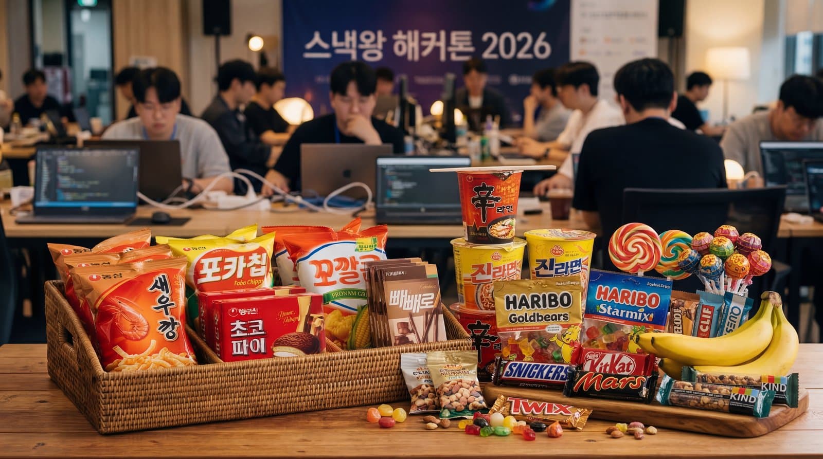 해커톤 스낵바 — 깔끔하게 세팅된 간식과 음료 스테이션