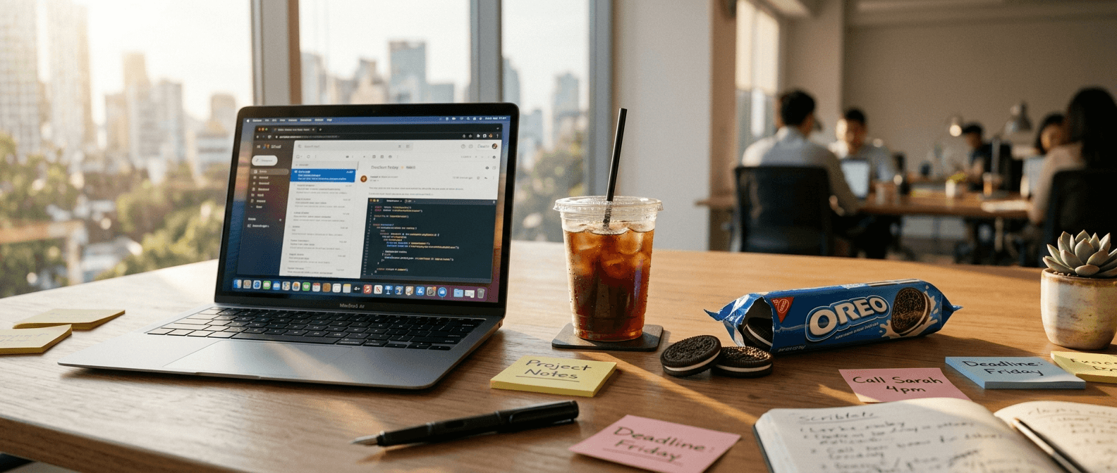 사무실 책상 위 오레오와 아이스 아메리카노