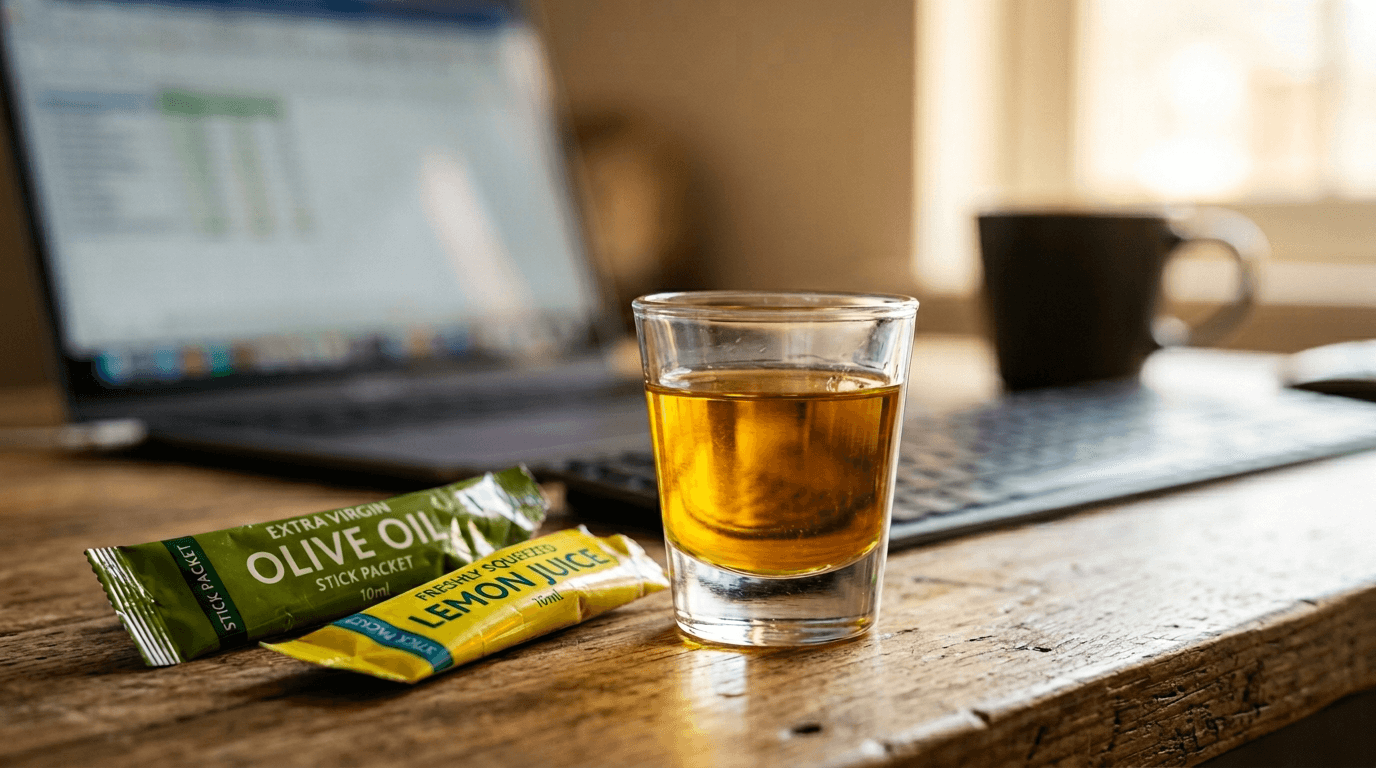 사무실 책상 위 올레샷 — 올리브유와 레몬즙이 섞인 유리잔