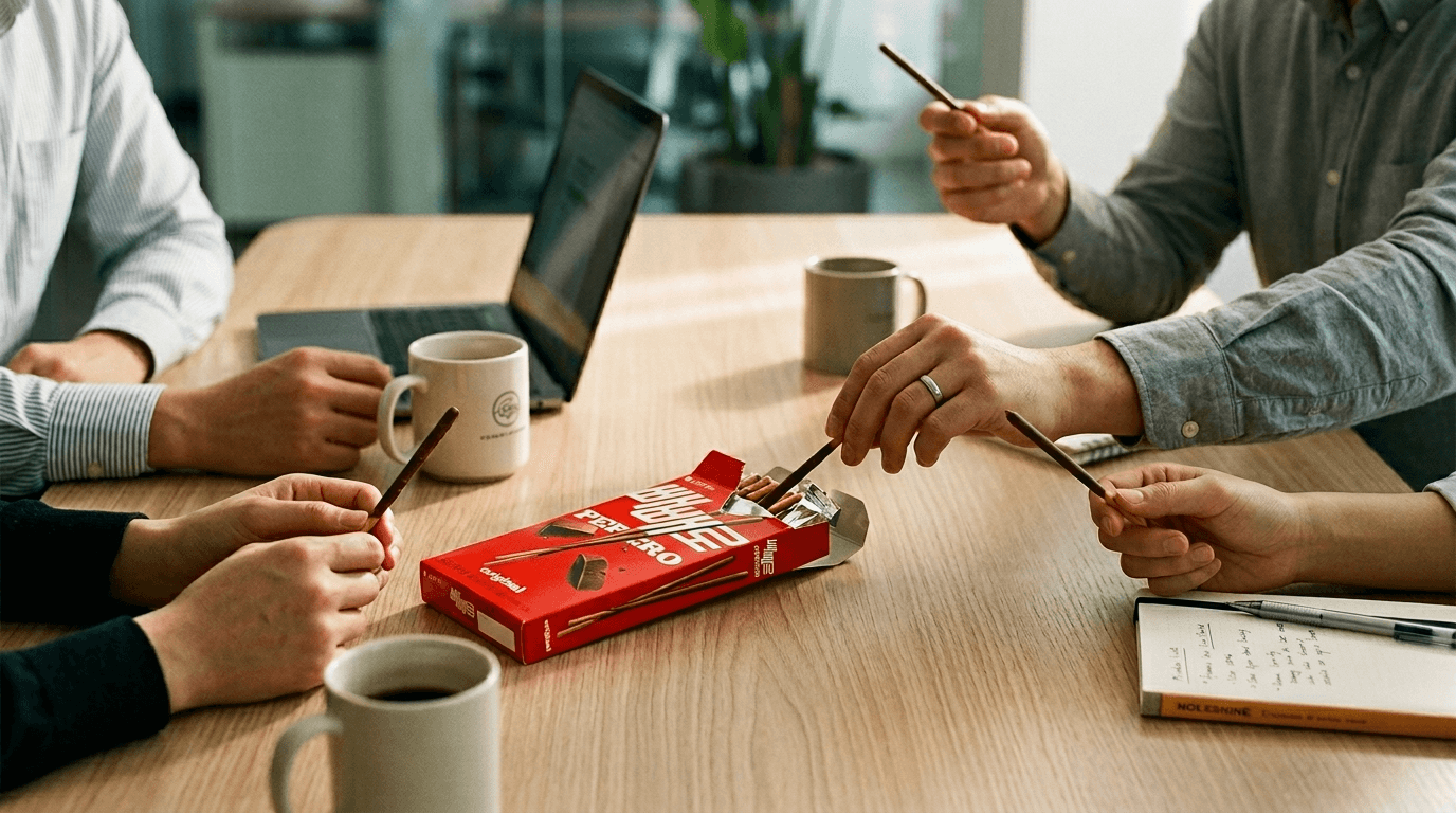 사무실 회의 테이블 위에서 빼빼로를 나눠 먹는 모습
