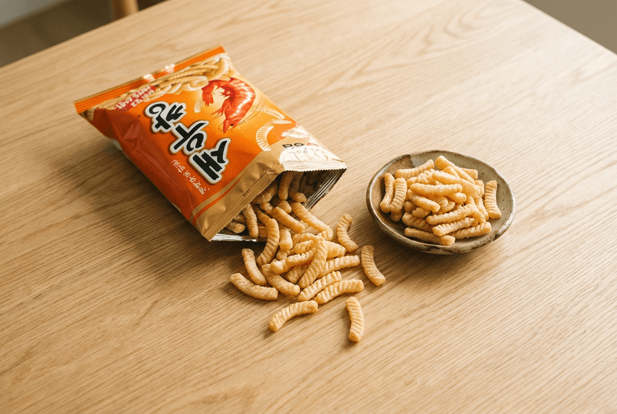 새우깡 클로즈업 — 나무 테이블 위에 쏟아진 새우깡