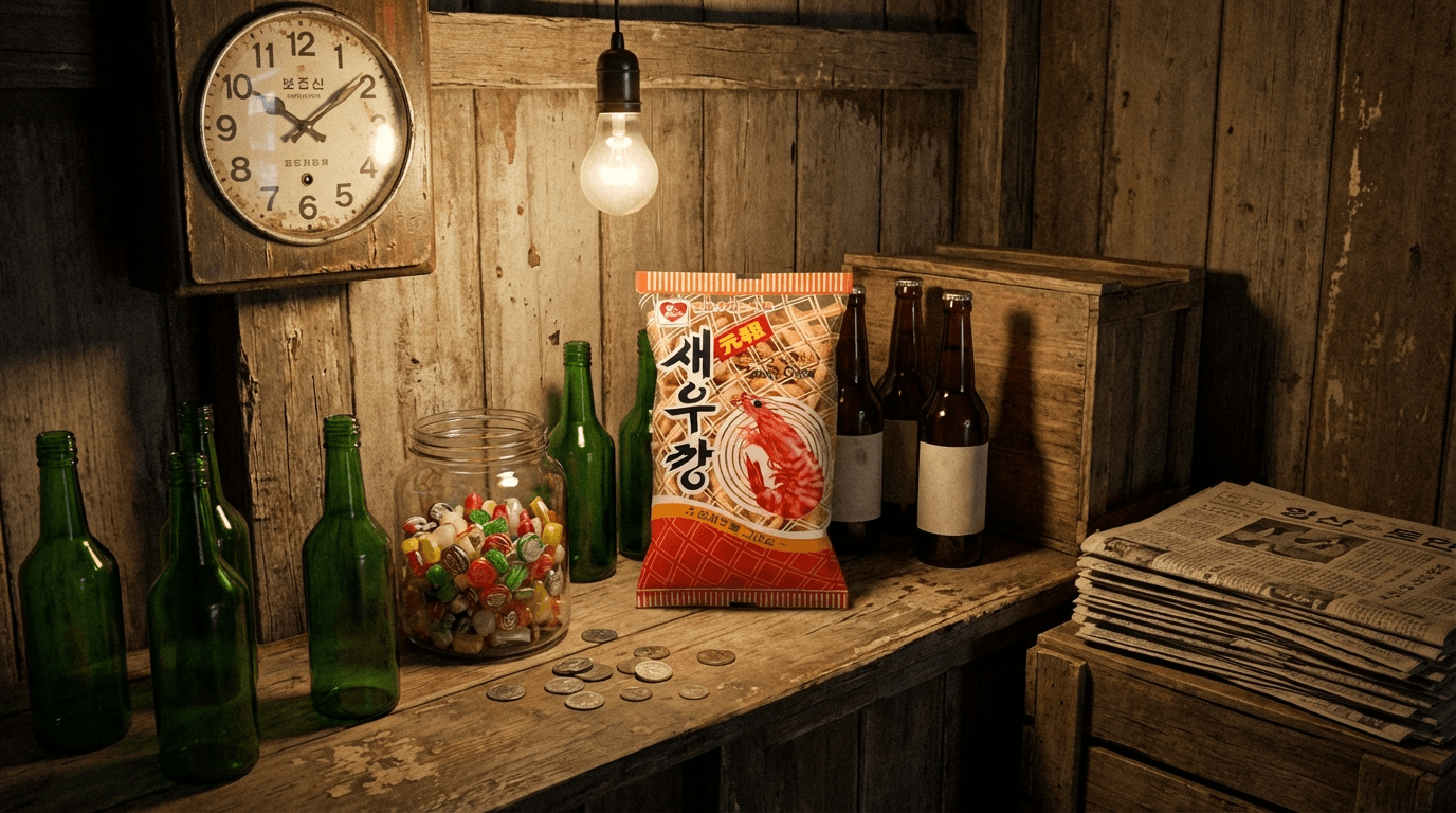 1970년대 한국 구멍가게 진열대 위의 새우깡