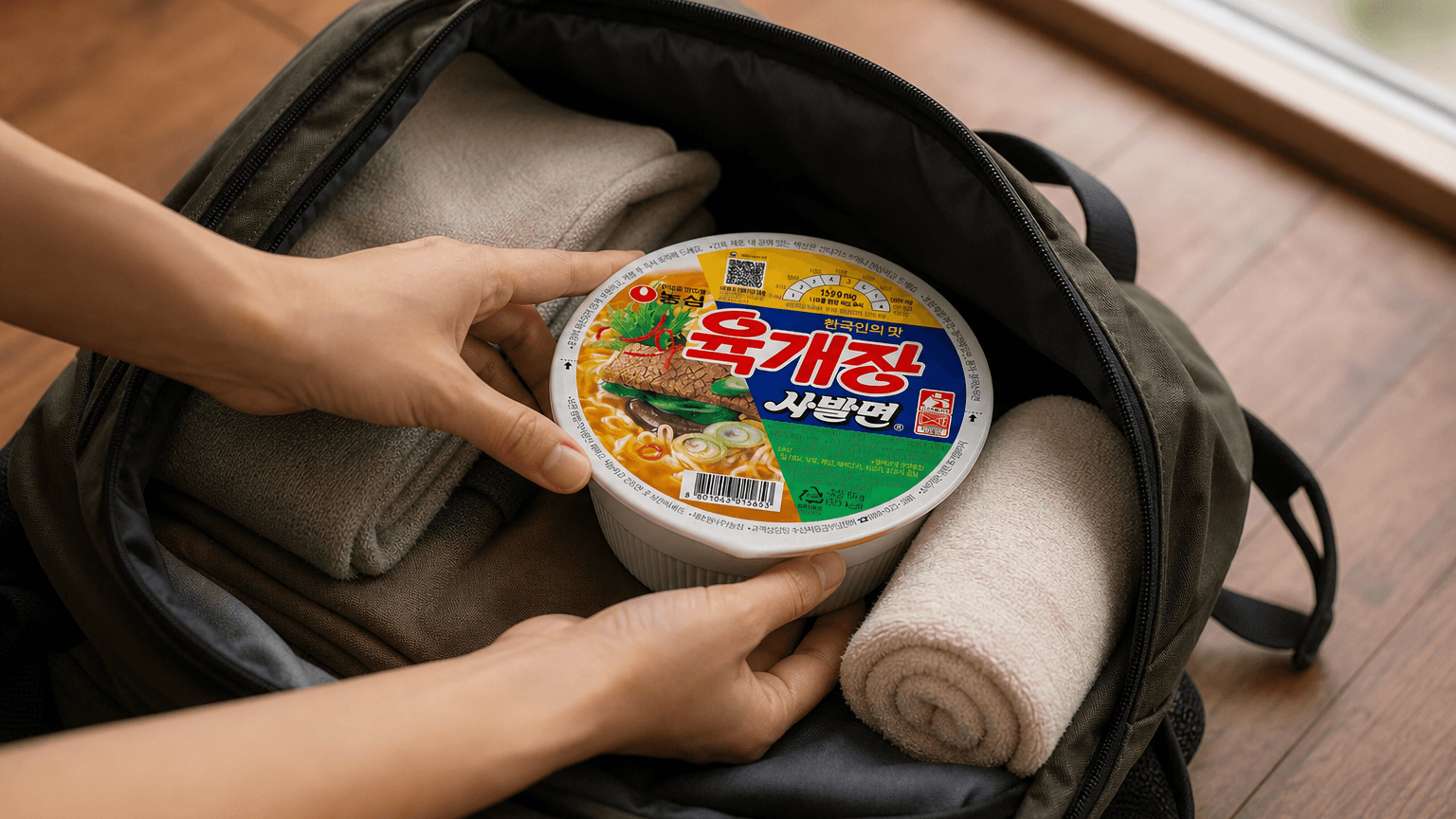 여행 배낭에 육개장 사발면을 챙겨 넣는 손